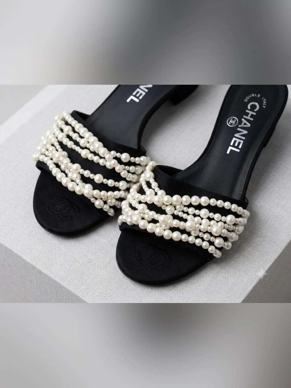 Authentic Chanel Interlocking CC Pearl Strand Slides